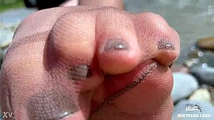 Goddess Teases Tan Nylons Revealing Cute Soles Toes Riverside