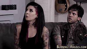 Tattooed Goth Riding Cock in Hardcore Threesome