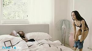 Slender brunette cant stop eating her ebony friends round ass and shaved pussy!