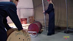 workers take a break and indulge in a hard threesome where two babes get fucked!