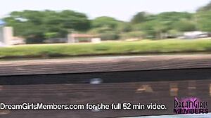 Coed cutie bares her big natural tits in a public park