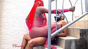 Ass licking leads to outdoor dick riding on stairs