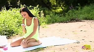 Intense Outdoor Fingering with Brunette Lesbian Couple