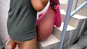 Ass licking leads to outdoor dick riding on stairs