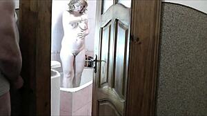 Naked Sexy Blonde in Bathroom Watched by Pervert Roommate Masturbating