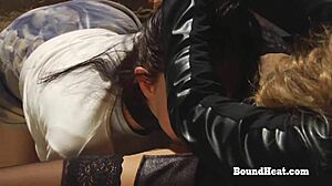 Submissive lesbian slave licks madame's pussy on knees till orgasm.