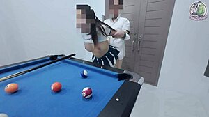 The thai girl climbed the pool table and got fucked hard