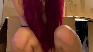 me - red haired teen dances striptease and prepares sex machine with dildo in mouth