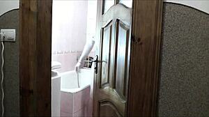 Naked Sexy Blonde in Bathroom Watched by Pervert Roommate Masturbating