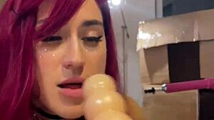 me - red haired teen dances striptease and prepares sex machine with dildo in mouth