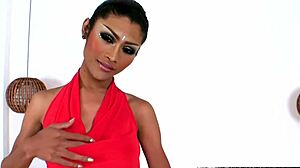 Beautiful ladyboy shows off nice round boobs and giant cock