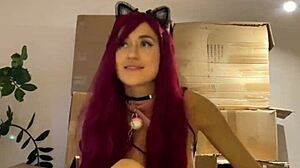 me - red haired teen dances striptease and prepares sex machine with dildo in mouth