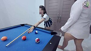 The thai girl climbed the pool table and got fucked hard