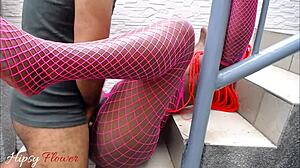 Ass licking leads to outdoor dick riding on stairs