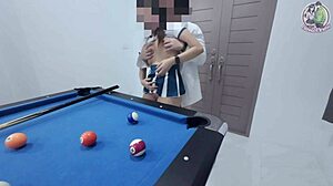The thai girl climbed the pool table and got fucked hard