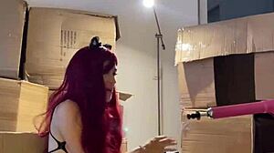 me - red haired teen dances striptease and prepares sex machine with dildo in mouth