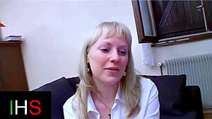 Blonde milf with light eyes gets ass fucked cumshot on belly