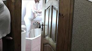 Naked Sexy Blonde in Bathroom Watched by Pervert Roommate Masturbating