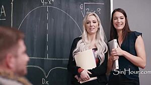 Dyke teachers blow desperate male colleague! Katrina Colt, Kenzie Taylor, Nathan Bronson.