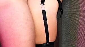 Redhead Seduction In Stockings High Heels Leather Lingerie Ends With Mouthful Of Cum