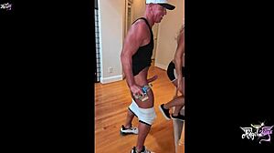 Blowjob over biceps leads to gym fucking and cumshot