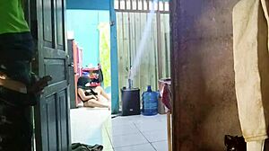 Caught masturbating by food delivery rider in sexy costume