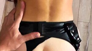 Redhead Seduction In Stockings High Heels Leather Lingerie Ends With Mouthful Of Cum