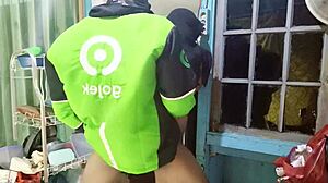 Caught masturbating by food delivery rider in sexy costume