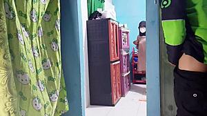 Caught masturbating by food delivery rider in sexy costume