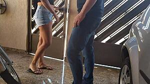 Hot neighbor in jean shorts seduces neighbor's husband with rough fucking