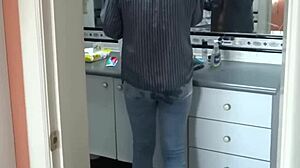 Great cumshot on stepmoms wonderful ass with her jeans on two cameras recording it!