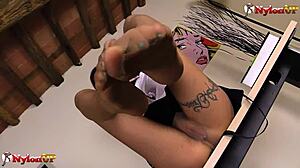 Tattoed College Girl In Pantyhose Uses Dildo