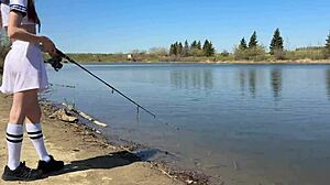 Young angler girl in fishnets and miniskirt moans during outdoor orgasm in forest