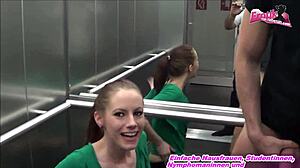 Young German skinny slut fucks her friend in elevator public POV for first time
