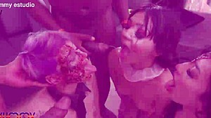 Halloween party with mina k, maily presly, and camila smith getting assfucked in hot 3 on 3 anal piss drinking action.