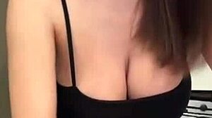my slender stepmother shows her milky tits and licks her nipples