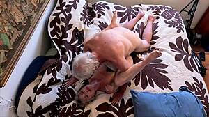 cougar wife bent over on hawaiian quilt for doggystyle fuck