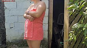 Shower breaks so married woman asks farm caretaker for help in just a towel and offers compensation.