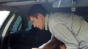 Russian milf deepthroats in taxi outdoors