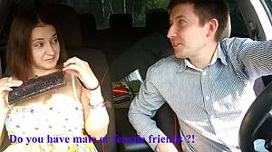 Russian milf deepthroats in taxi outdoors