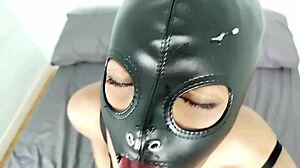 Petty bdsm slut sucking cock deepthroat slapping and spitting her face with slave leather mask