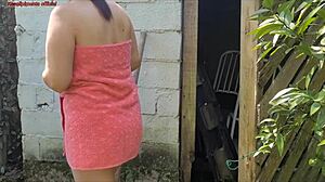 Shower breaks so married woman asks farm caretaker for help in just a towel and offers compensation.