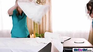 Petite Blonde Masseuse Strapon Fucks Busty Co-Owner Anal