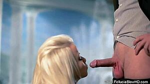 The horny cougar licks and blows the cock sensually