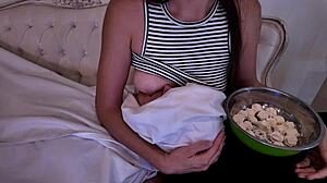 Hey, stepmother breastfeeds her adult stepson in this homemade roleplay