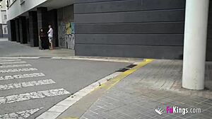 public-loving anty shows her blowjob skills next to the train tracks