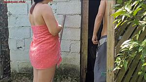 Shower breaks so married woman asks farm caretaker for help in just a towel and offers compensation.