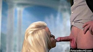 The horny cougar licks and blows the cock sensually