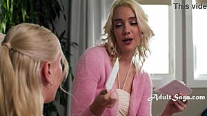 In the classroom, she dominates her lesbian study partner with strapon play.