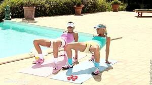 devin and iris workout then have lesbian fun near the pool